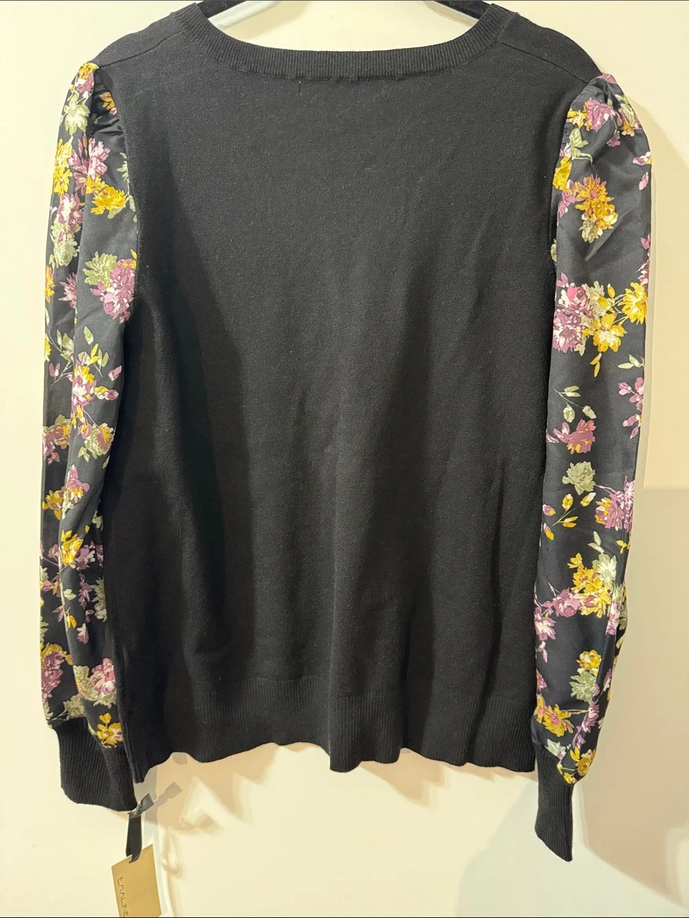 Emaline Black V-Neck Sweater with Floral Silky Puff Sleeves - Size Large